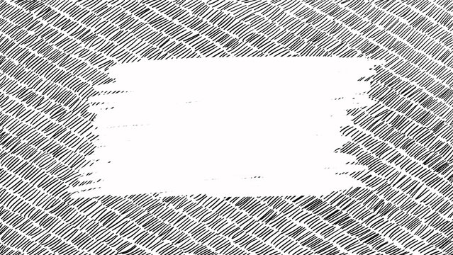 Abstract hand drawn black hatch frame background. Dense black ink hatched doodle texture with a clean white brush stroke space in the center. For banner, message, invitation, poster, quote mockup.