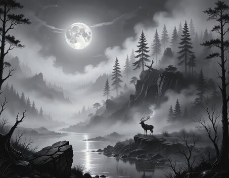 Deer standing on cliff edge in misty moonlit forest landscape