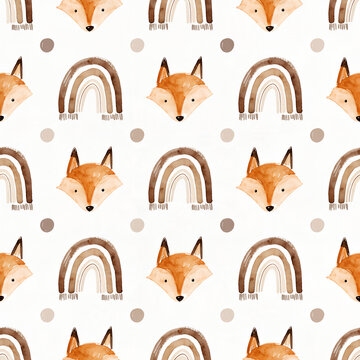 Seamless pattern with cute watercolor foxes and boho rainbows for nursery design.