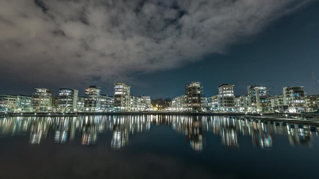 Modern Helsingborg Waterfront Reflected at Night Timelapse