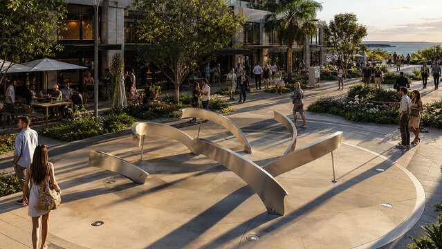 People gather and stroll through a landscaped waterfront plaza featuring outdoor dining, modern architecture, and a sweeping abstract sculpture at sunset.