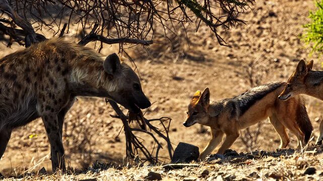 Hyena and jackals interacting in dry savanna landscape under acacia tree