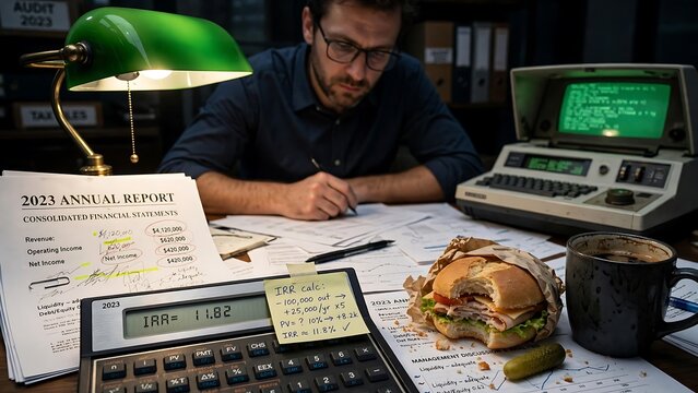 Financial Analyst Working Late on 2023 Annual Report Calculating IRR