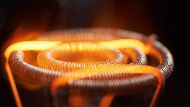 Glowing electric heating element coil warming up. Metal wire filament heating process for kitchen appliance. Energy conversion into heat inside industrial stove device.