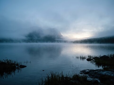 Mysterious Shape Emerges From Dense Mist Over A Calm Lake At Dawn, Creating An Ethereal And Serene Landscape.
