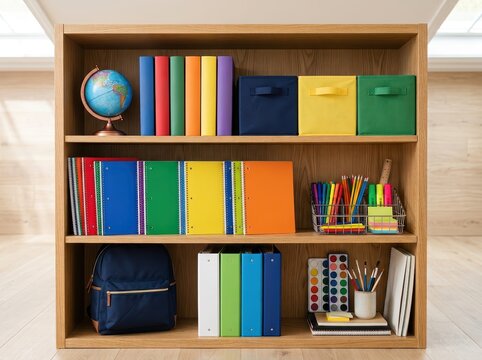 Neatly Organized School Supplies On A Wooden Desk, Ready For Learning And Creativity.