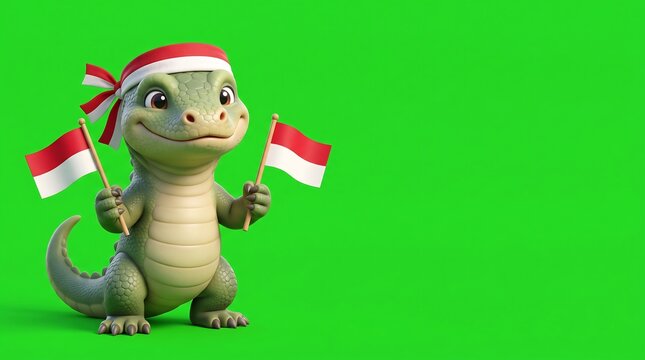 Cute cartoon lizard character wearing a red and white headband and holding two Indonesian flags on a green screen background.