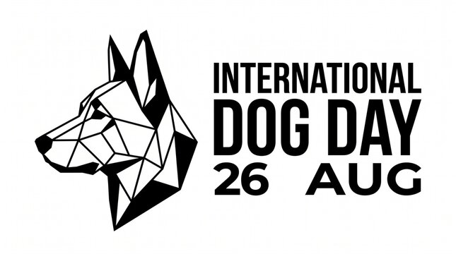 International Dog Day banner for August 26. Geometric low poly dog head profile. Minimalist black and white canine graphic for pet celebrations.