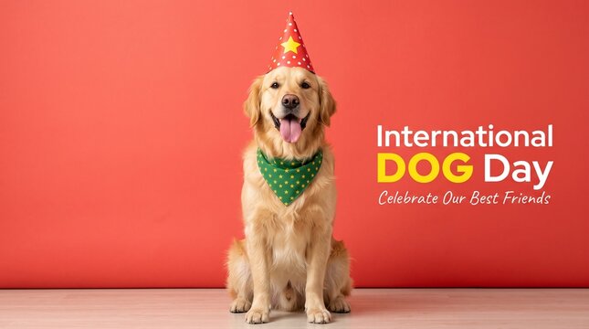 International Dog Day banner, golden retriever wearing party hat and bandana, happy pet celebration on red background