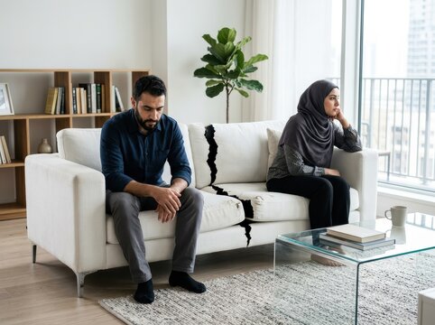 Couple Experiencing Marital Conflict, Sitting On A Sofa In Their Living Room, Looking Distressed And Unhappy.