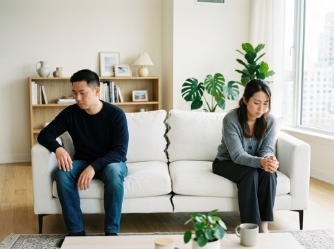 Unhappy Couple Sitting Apart On A Modern Couch, Reflecting Relationship Problems And Emotional Distance.