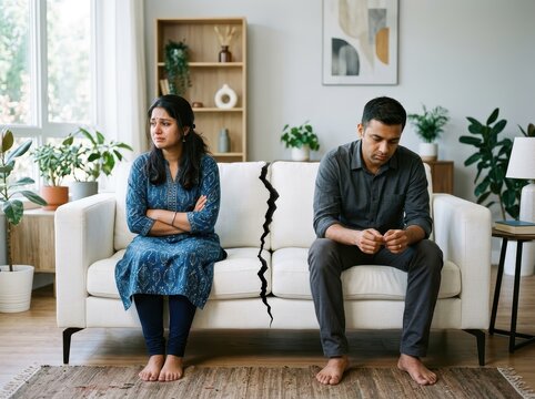 Unhappy Couple Sitting Apart On A Modern Couch, Facing Away From Each Other In A Quiet Living Room.
