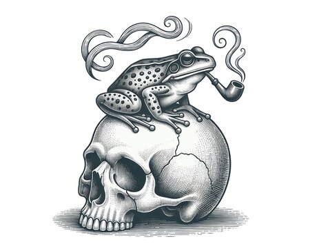 Frog smoking a pipe sitting on a human skull engraving style illustration