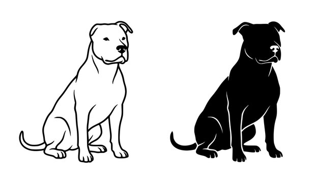 American Pit Bull Terrier Sitting Dog Outline and Silhouette Vector Illustration