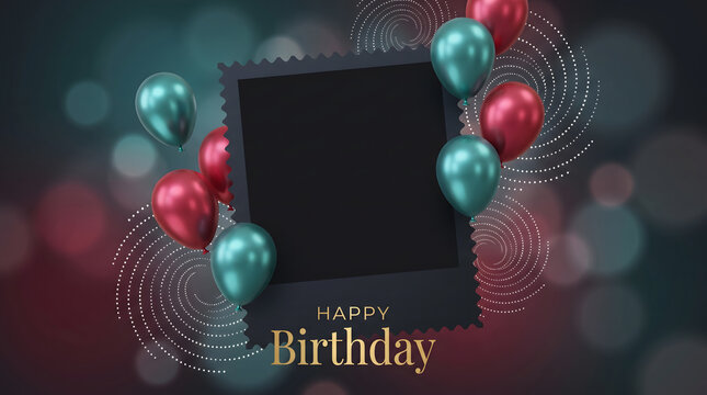 Dark Elegant Happy Birthday Photo Frame Template with Metallic Teal and Magenta Balloons and Bokeh Lights