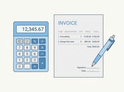 Calculator invoice document and pen for financial business and accounting