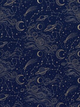 Celestial night sky pattern with stars planets and constellations