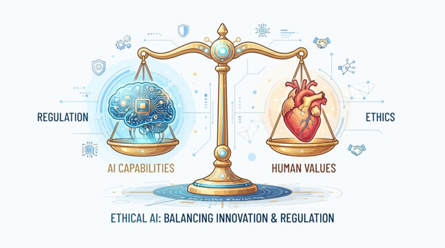 Conceptual illustration of golden scale balancing artificial brain and human heart representing moral technology and modern governance