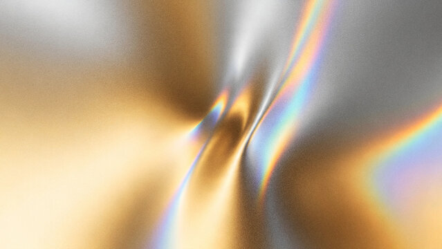 Abstract grainy background with luxurious fluid metallic holographic waves in gold and silver chrome gradient colors for creative presentation design web backdrops.