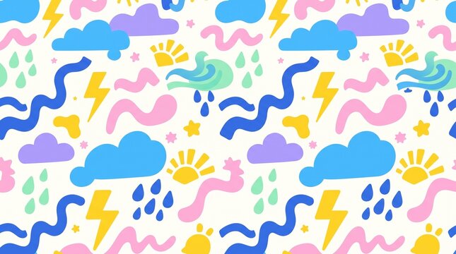 Seamless pattern with cute weather elements like clouds sun rain and lightning bolts.