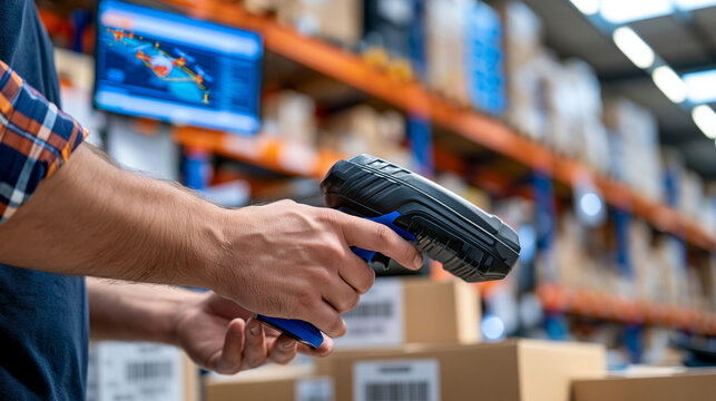 Stock clerk's close up hands under harsh midday warehouse sun filtering through a loading bay skylight, carefully scanning packages with a ruggedized barcode reader as a drone delivery routing map g