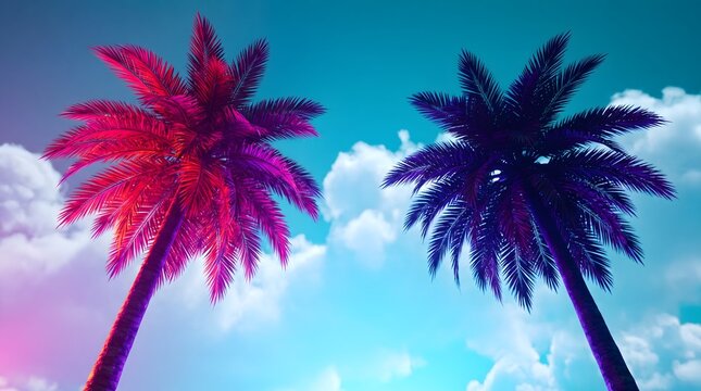Vibrant palm trees against neon pink and blue gradient sky with clouds at sunset