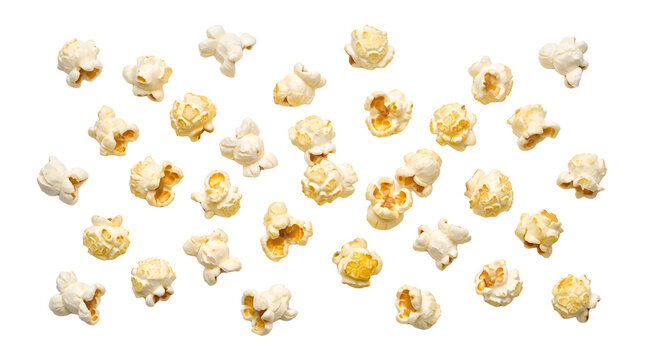 Tasty Crunchy Popped Popcorn Pieces Scattered Isolated on White Background PNG Transparent File Movie Snack Food Concept Photography.