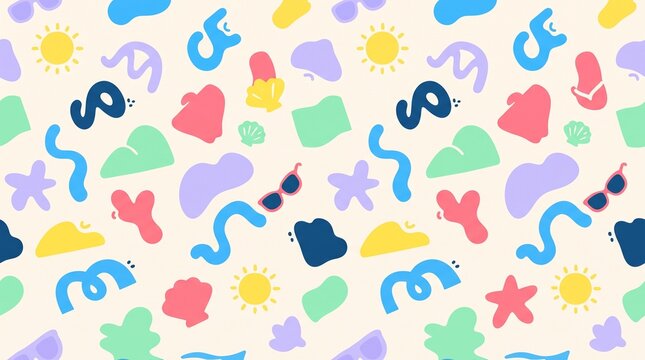 Seamless pattern with colorful summer elements and abstract shapes on a light background.
