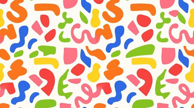 Seamless pattern with colorful abstract organic shapes on a white background.