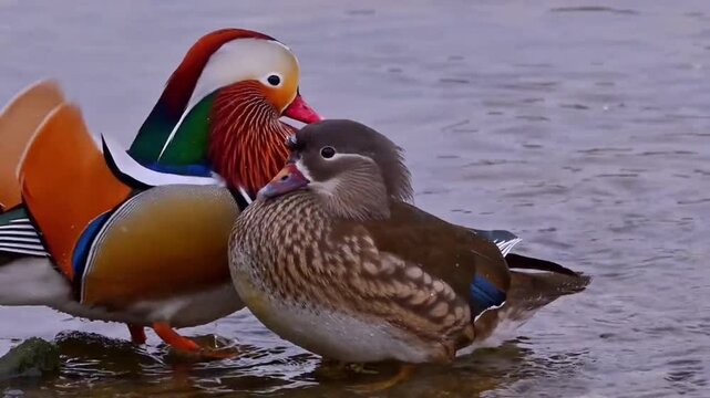 Male and Female Mandarin Duck Swimming Closely on Water