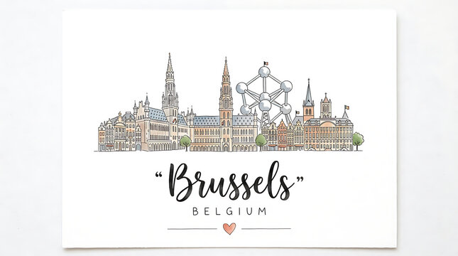 Illustrated panoramic skyline of brussels featuring iconic landmarks and the atomic age sculpture representing belgium's capital