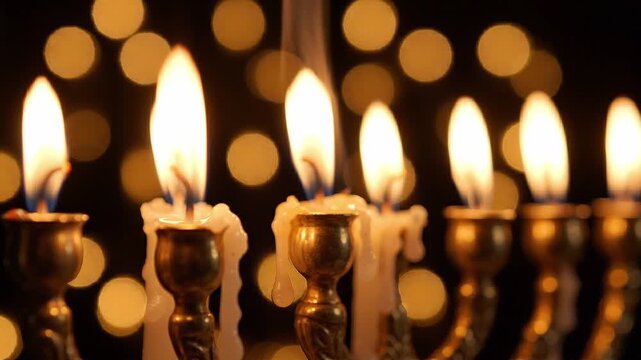 Burning candles in golden menorah for Hanukkah. Bright flames on candelabra with wax melting. Traditional Jewish religious festival celebration in dark background.