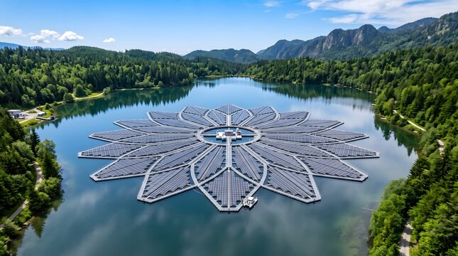 Solar Powered Floating Garden on Misty Lake at Sunrise