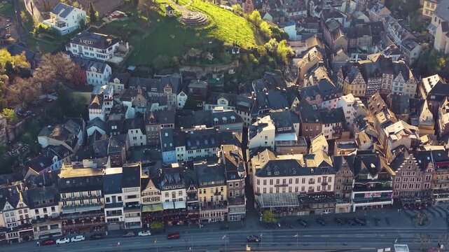 Aerial view around the city and old town of Cochem in Germany Rhineland-Palatinate on a sunny spring afternoon beside the mosel river 