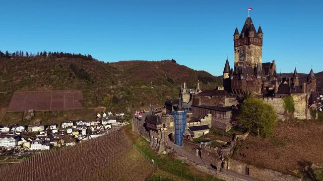Aerial view around the city and old town of Cochem in Germany Rhineland-Palatinate on a sunny spring afternoon beside the mosel river 