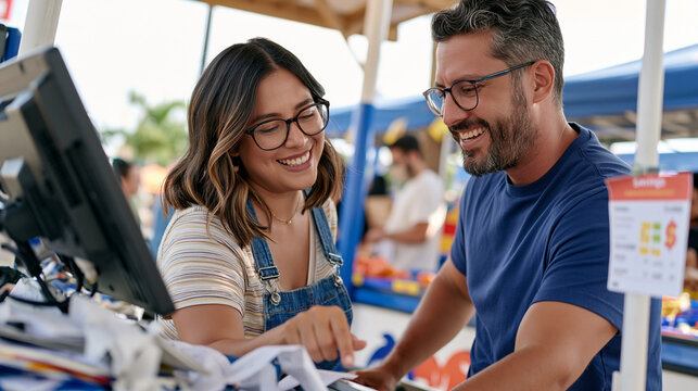 A supermarket cashier couple stands beside their checkout stations under an overcast early autumn sky in an outdoor market setting, on one side a cluttered receipt-laden register, on the other a tid