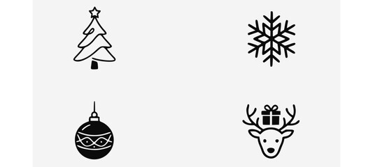 Naklejka premium Christmas linear icons set isolated on white background. Black line vector symbols of Christmas tree, snowflake, ornament, and reindeer with gift box. 