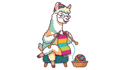 Naklejka premium Cute cartoon llama wearing knitted hat sitting and knitting colorful garment on chair with yarn basket vector