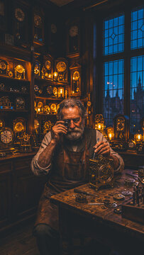 Halloween clockmaker repairs gears under moonlit window