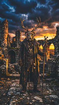 Halloween warrior stands in ruined castle at sunset