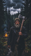 Fototapeta premium Old man with axe stands in dark forest near fire for Halloween