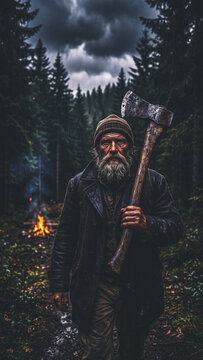 Old man with axe stands in dark forest near fire for Halloween