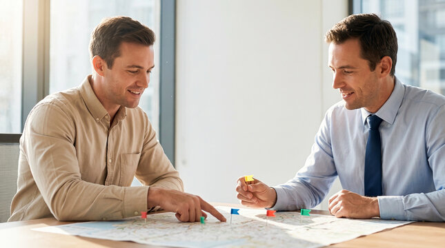 Two male colleagues collaborating and planning travel route on map in office