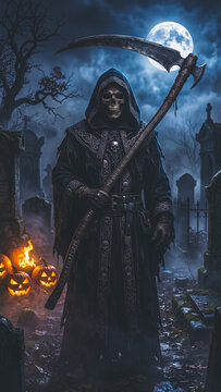 Halloween grim reaper stands with scythe in moonlit cemetery