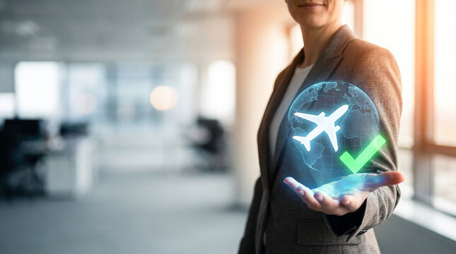 Female executive holding digital globe hologram with airplane and green checkmark
