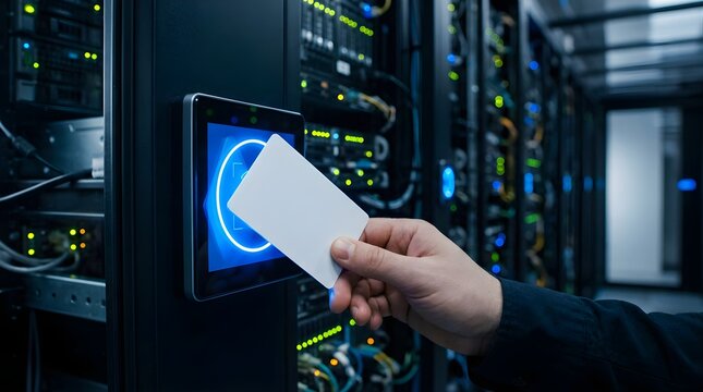 Hand holding security card accessing server room biometric scanner