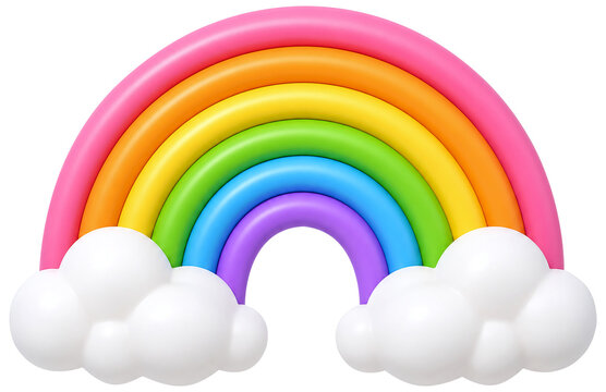 A cute 3D rainbow with fluffy clouds
