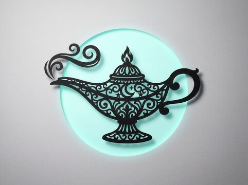 Decorative magic genie lamp silhouette icon with fairy tale, mint green