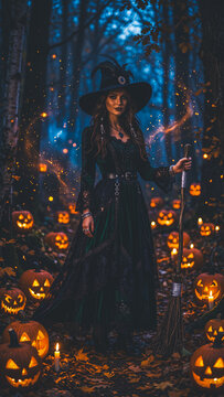 Halloween witch holds broom in spooky forest with glowing pumpkins