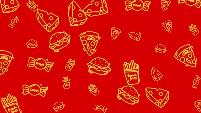 plain red background Yellow food icons featuring pizza, burgers, cheese fries, candy patterns on a red background wallpaper. Perfect for restaurant menus and foodrelated designs.